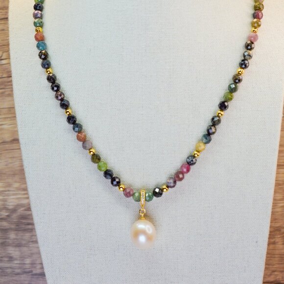 Tourmaline & King Size Edison Pearl Pendant Necklace 19" - Picture 7 of 11